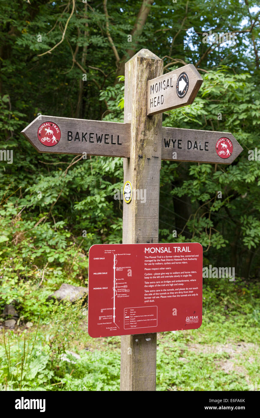 Cartello sul Monsal Trail, Derbyshire, il Peak District, England, Regno Unito Foto Stock