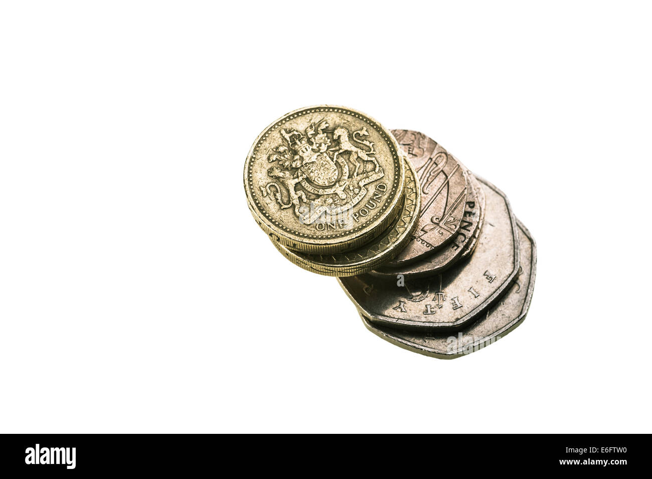 Piccola pila della sterlina britannica monete. Foto Stock