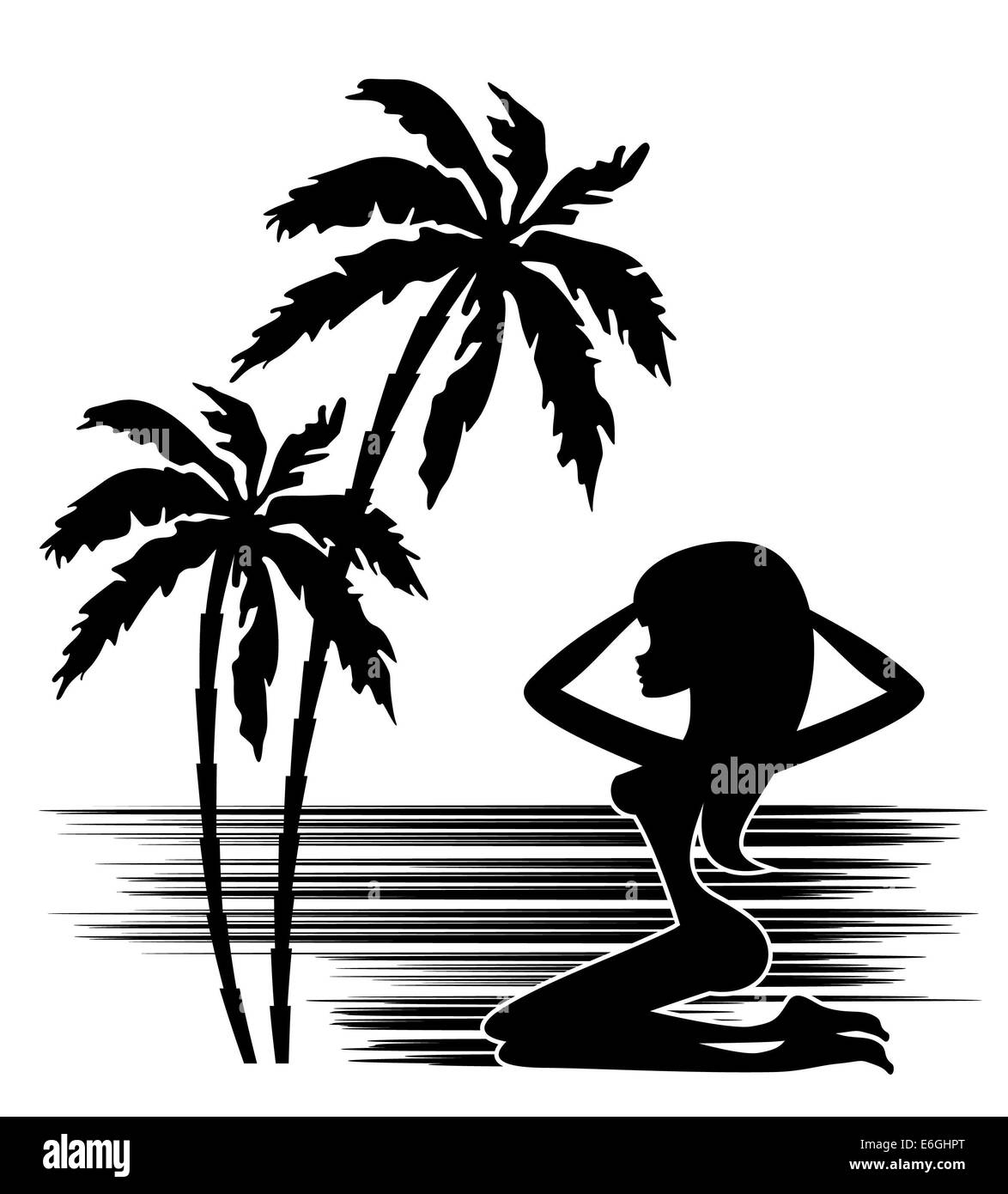 Un albero di palma e silhouette di donna su sfondo bianco Foto Stock