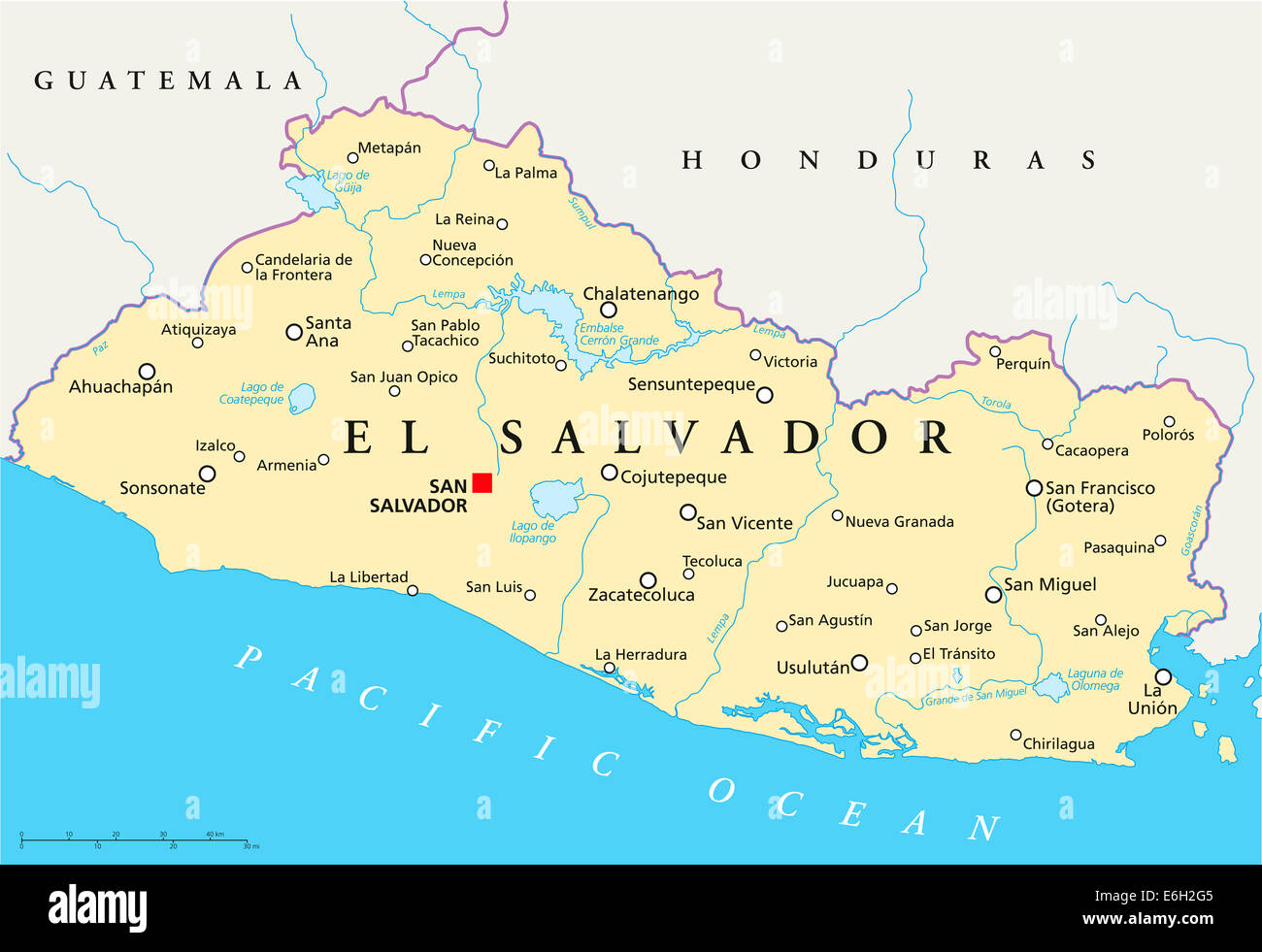 El Salvador Mappa Politico con capitale San Salvador, confini nazionali più importanti città, fiumi e laghi. Etichetta inglese Foto Stock
