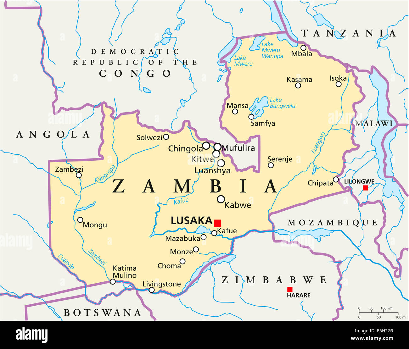 Zambia Mappa Politico con capitale Lusaka, confini nazionali più importanti città, fiumi e laghi. Etichetta inglese. Foto Stock