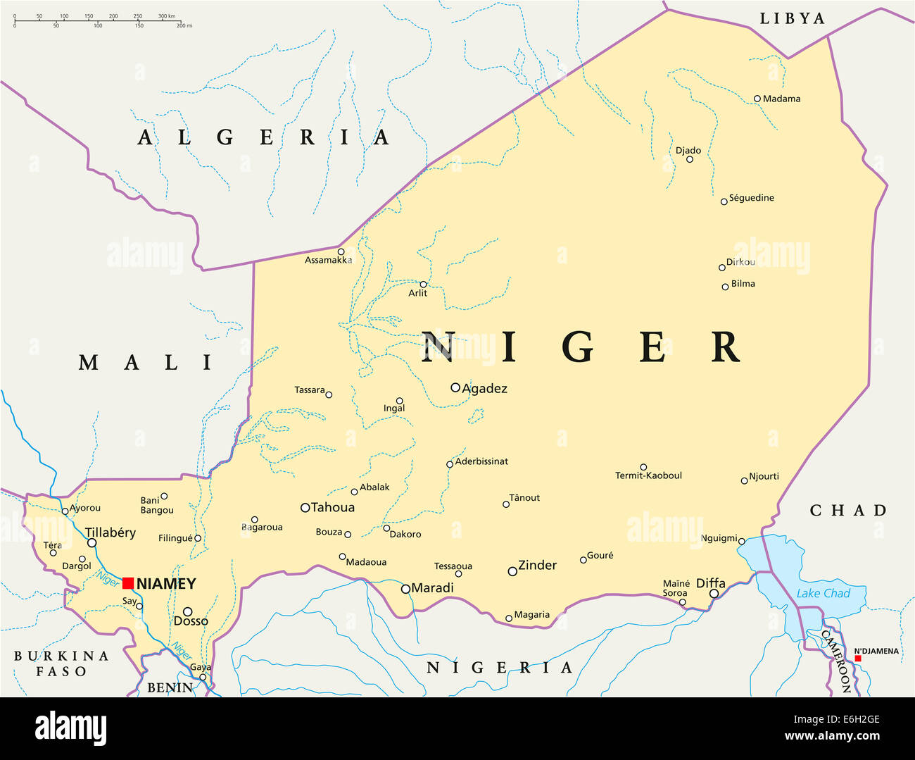 Niger Mappa Politico con capitale Niamey, confini nazionali più