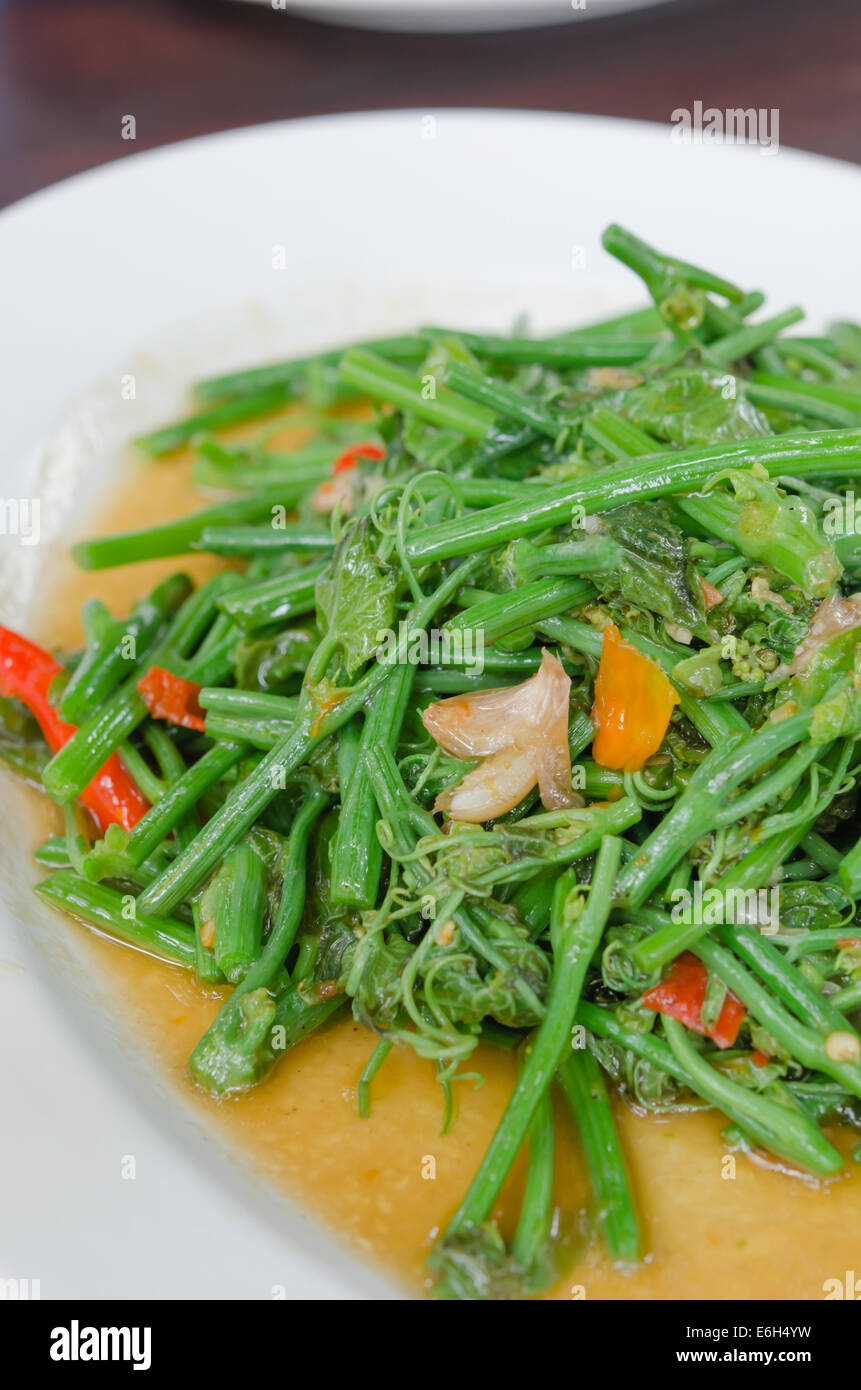 Close up stir chayote fritto con peperoncino sul piatto bianco Foto Stock