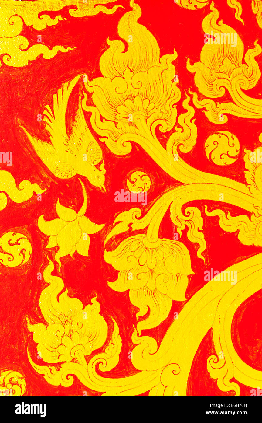 Arte tailandese della pittura sulle pareti del tempio di Chiang Mai, Thailandia Foto Stock