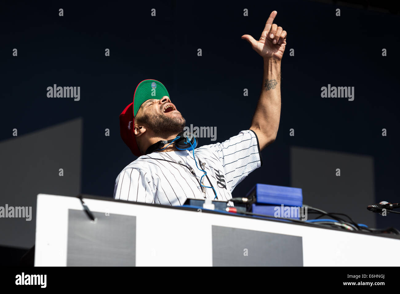 Liverpool, Regno Unito. 24 Ago, 2014. British electronic music artist e DJ, Goldie, ha svolto una serie di fronte a migliaia al Liverpool International Music Festival (LIMF) a Sefton Park domenica, 24 agosto 2014. LIMF è il più grande free music festival in Europa. Credito: Christopher Middleton/Alamy Live News Foto Stock