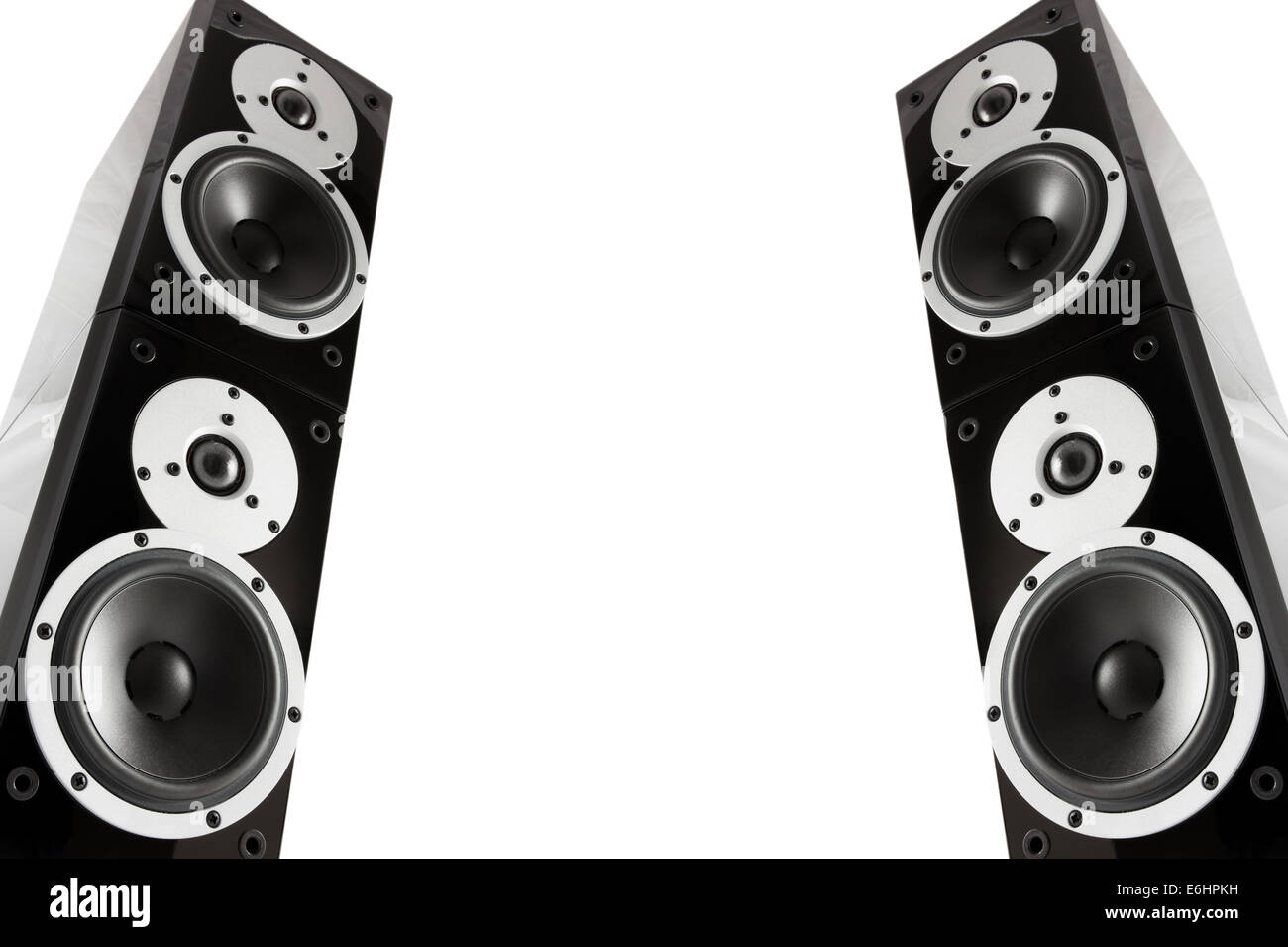 Coppia di nero ad alta brillantezza music speakers isolati su sfondo bianco Foto Stock
