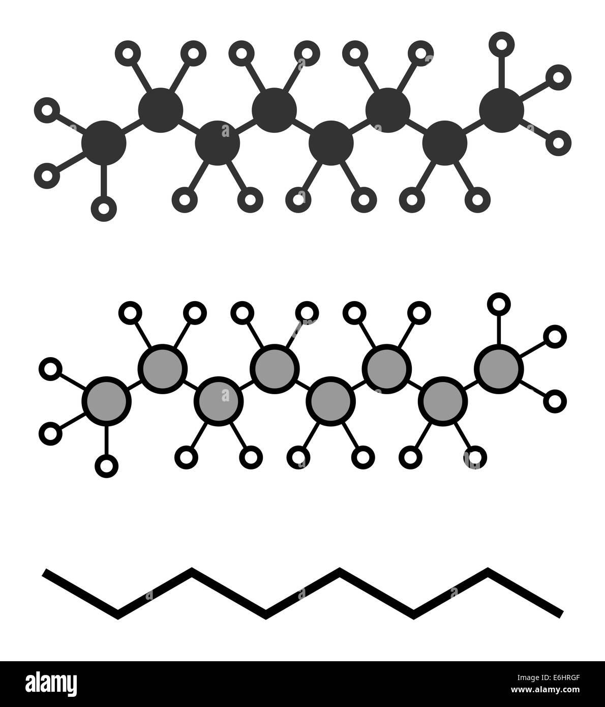 Ottano molecola di idrocarburo. Componente della benzina). Stilizzata 2D Rendering e tradizionale formula scheletrico. Foto Stock