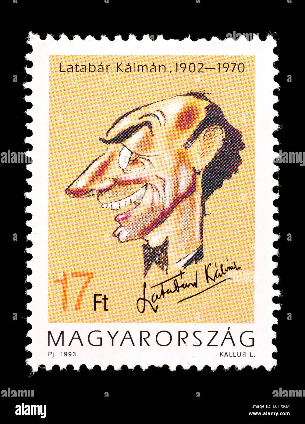 Francobollo da Ungheria raffigurante una caricatura disegno del comico Latabar Kalman. Foto Stock