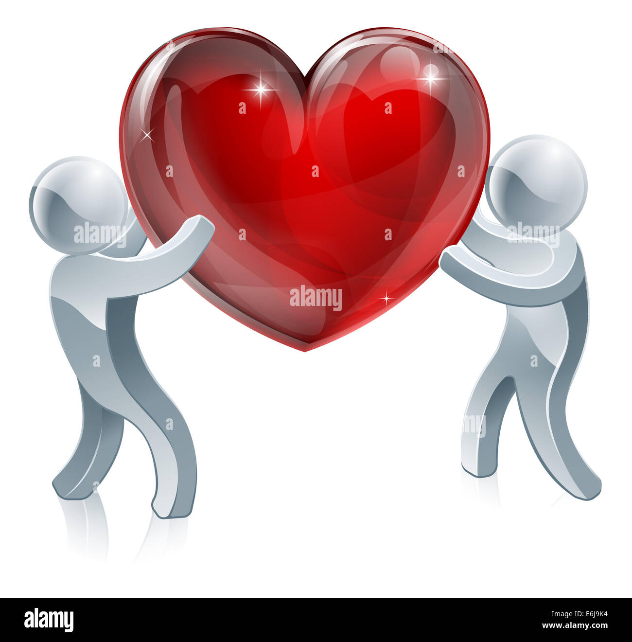 Persone azienda cuore gigante concetto illustrazione. Due persone argento tenendo un grande cuore o uno passando per gli altri Foto Stock