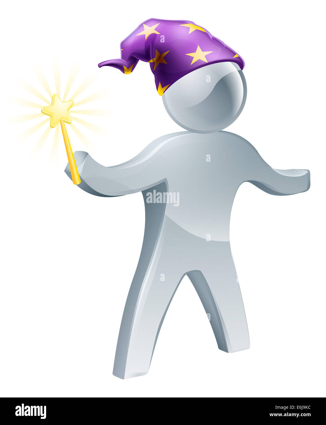 Una illustrazione della procedura guidata di una persona in possesso di una bacchetta e indossando un cappello viola con le stelle Foto Stock