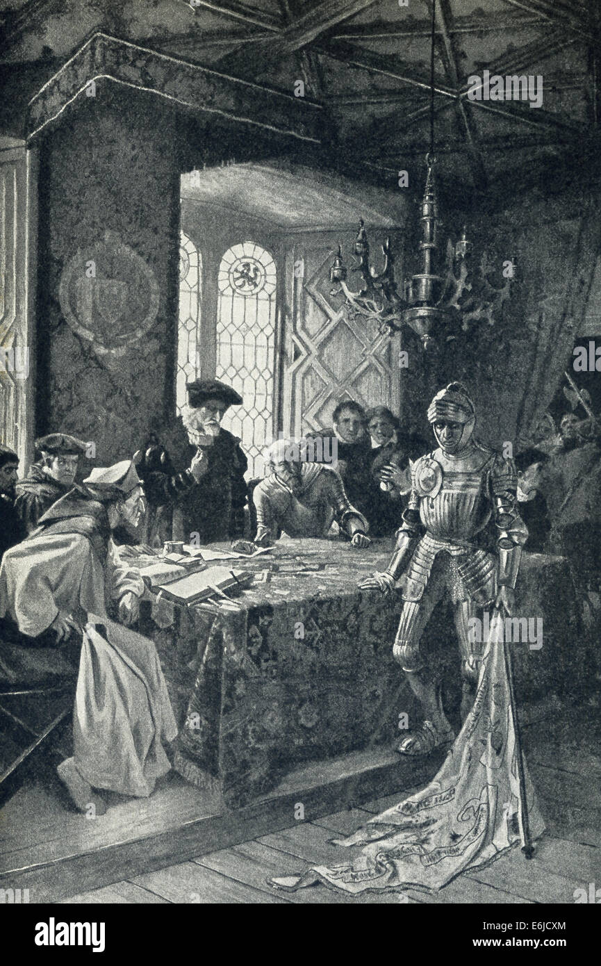 Messenger-knight in armor offre la notizia della battaglia di Flodden il giorno dopo la sconfitta degli scozzesi nell'anno 1513. Foto Stock