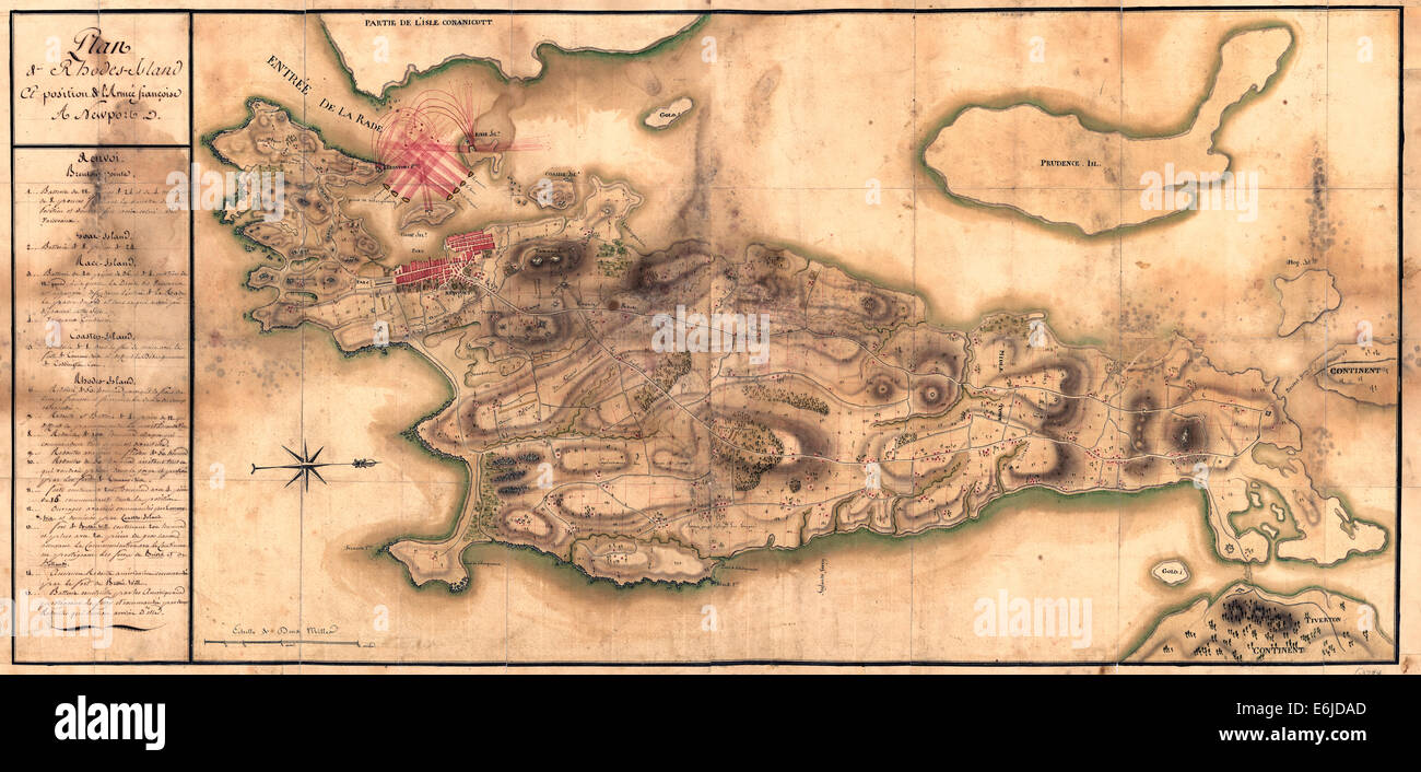 Mappa di Rhode Island e la posizione dell'esercito francese a Newport, 1780 Foto Stock