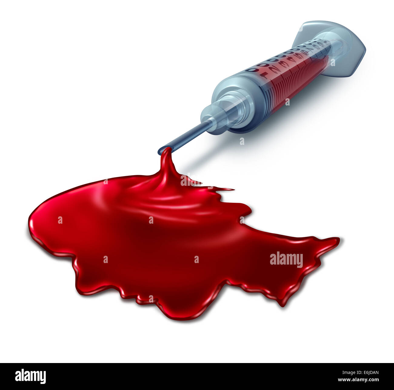 Esame del sangue analisi concetto medico come una siringa versando sangue umano conformata come una testa come una cura di salute il simbolo per diagnosi test per la prevenzione delle malattie attraverso laboratorio della scienza. Foto Stock