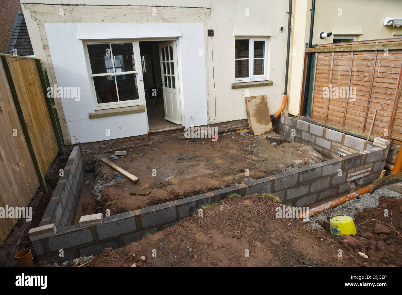 Blocco di fondazione pareti prevista per la casa nuova estensione Hay-on-Wye Powys Wales UK Foto Stock