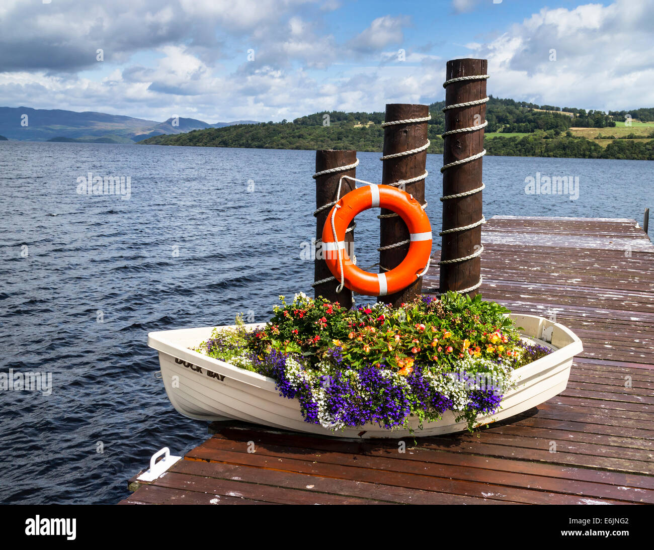 Display floreale in una piccola barca su un molo al Baia d'anatra, Loch Lomond,Scozia. Foto Stock