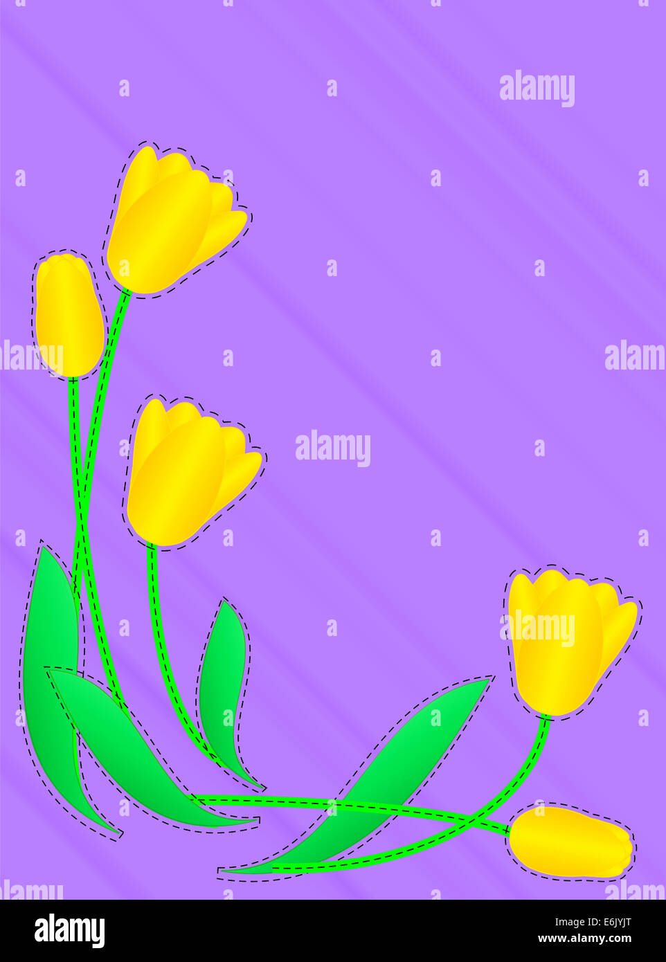 Jpg viola spazio copia con un confine di tulipani gialli accentati con punti di trapuntatura. Uno di una serie. Foto Stock