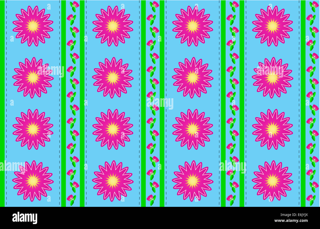Jpg. Lo sfondo blu con sfondo rosa mamme o zinnias accentuati da strisce verdi e punti di trapuntatura. Uno di una serie. Foto Stock