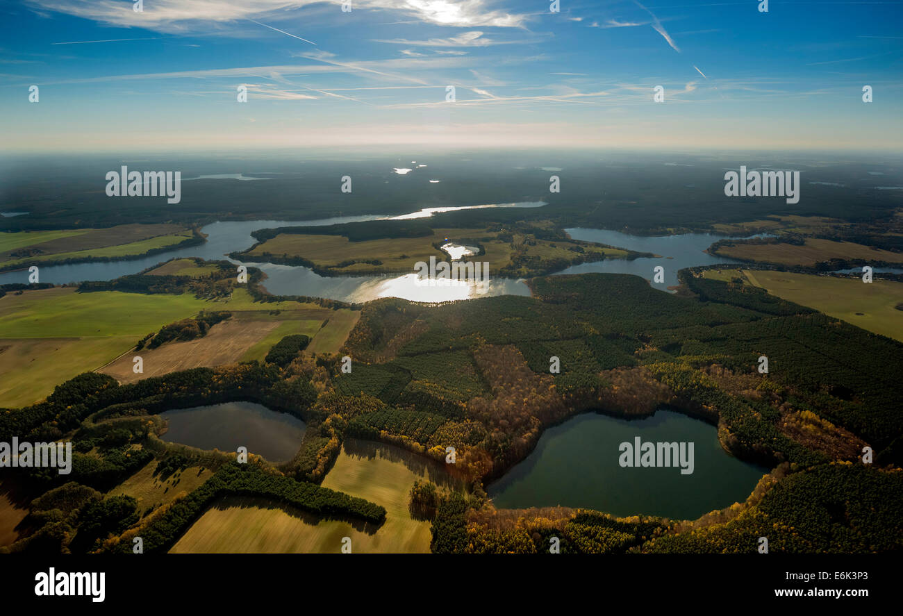 Vista aerea, retroilluminato Lago Pälitzsee, Müritz, Meclemburgo Lake District, Wustrow, Meclemburgo-Pomerania, Germania Foto Stock
