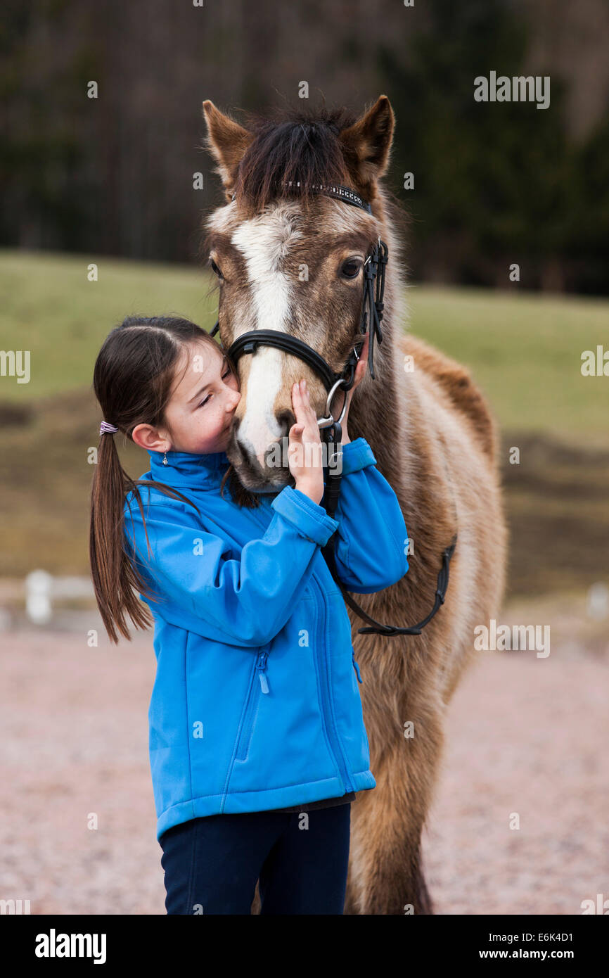 Ragazza cuddling con un pony, dun, con una briglia, Tirolo, Austria Foto Stock