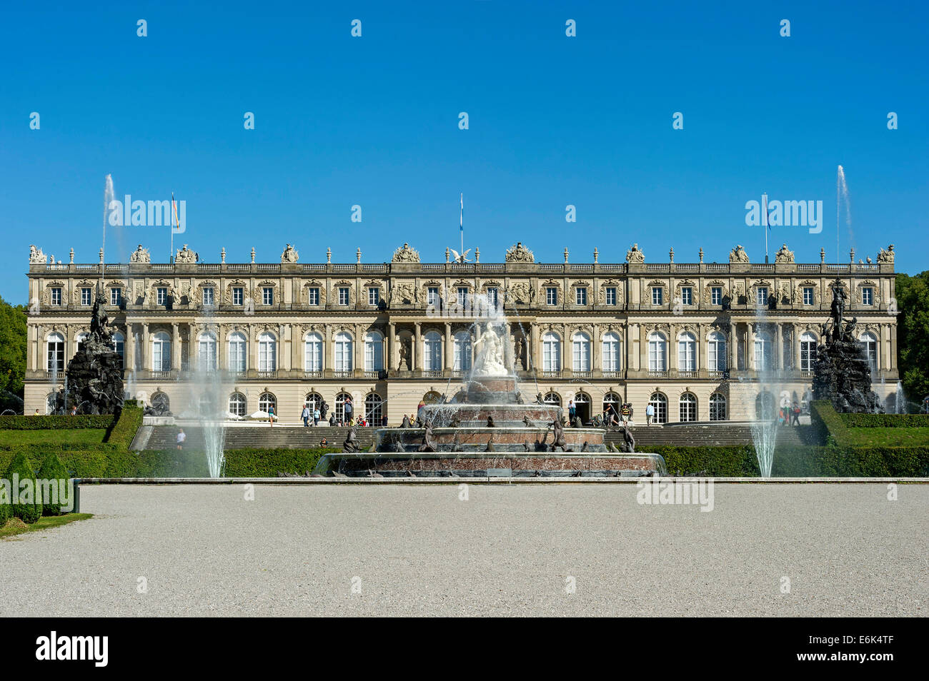 Herrenchiemsee Nuovo Palazzo, Fontana di Latona, Schlosspark palace gardens, Herreninsel island, il lago Chiemsee, Chiemgau Foto Stock