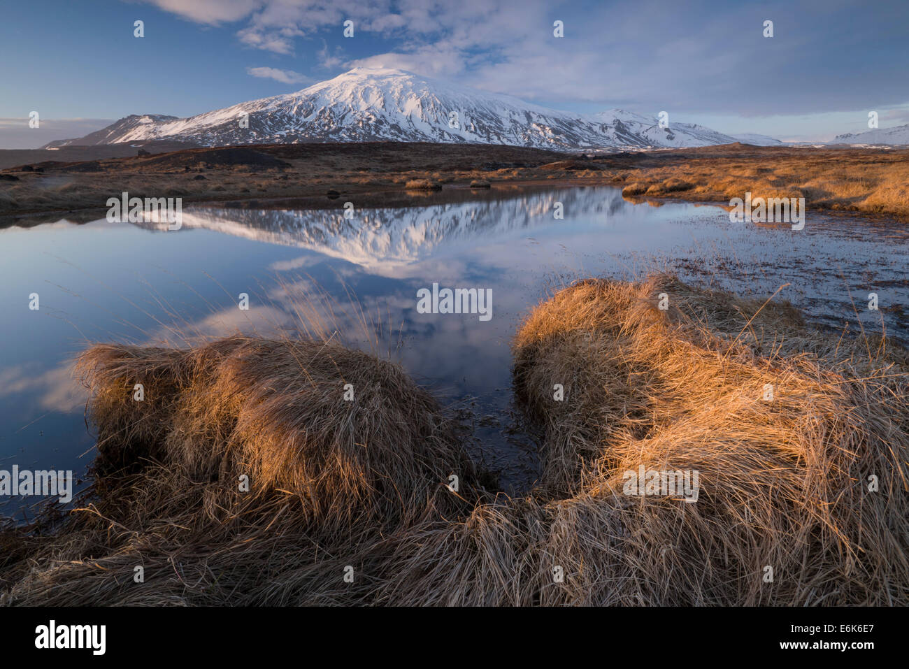 Snaefellsjökull, riflessione in un lago, Undir Jökli, Snaefellsnes, Islanda Foto Stock