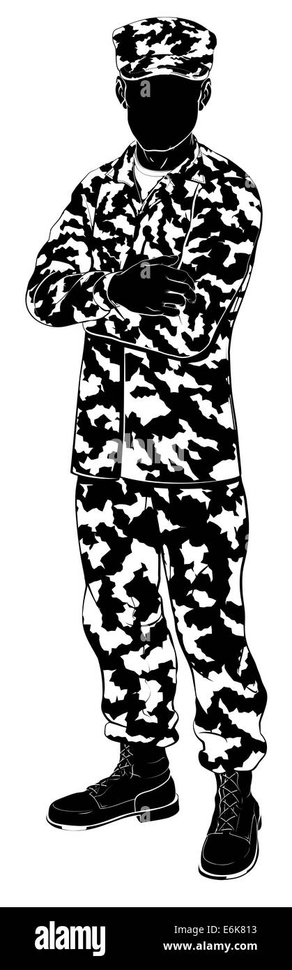 Una illustrazione di un militare in piedi con le braccia piegate in silhouette Foto Stock