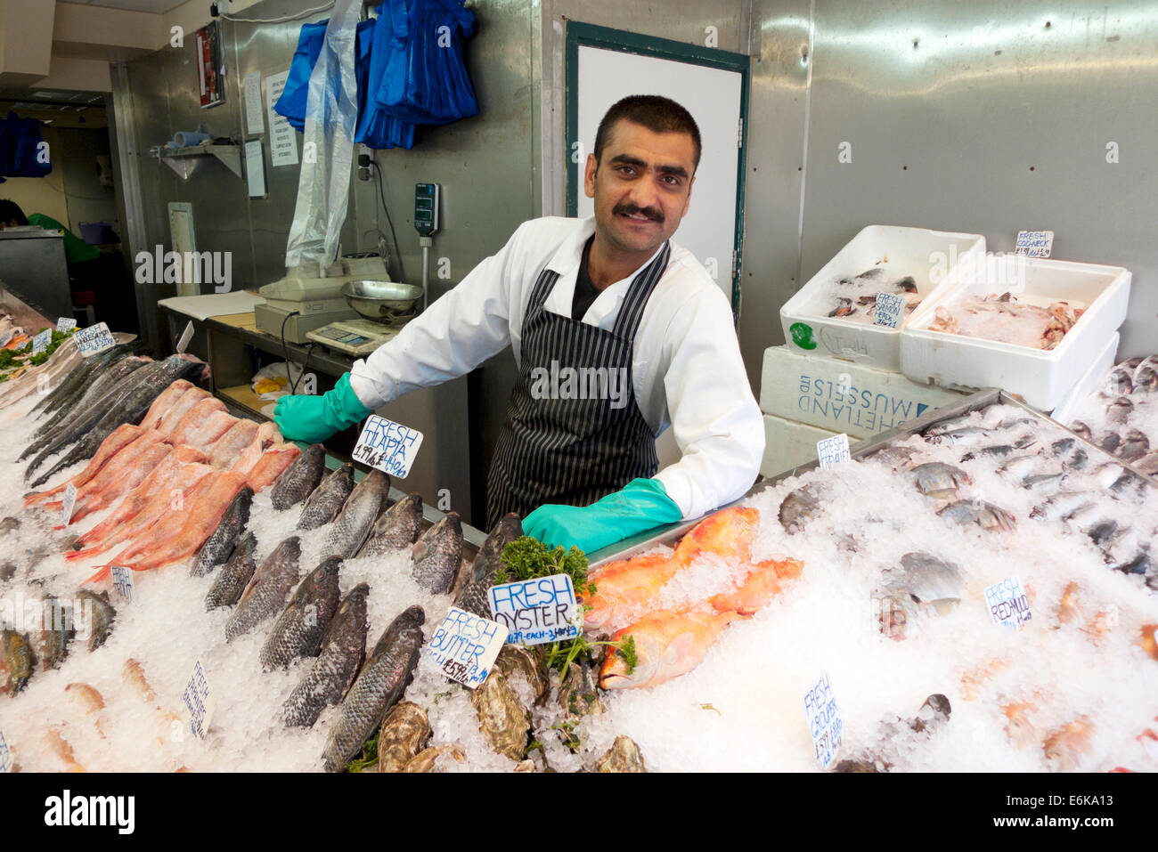 Pescheria e display di pesce su ghiaccio in N e un negozio di pesce Walthamstow High Street London REGNO UNITO KATHY DEWITT Foto Stock