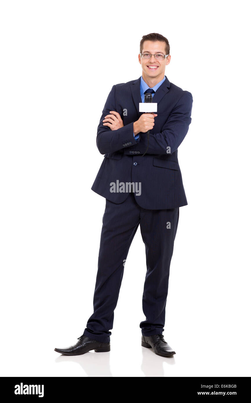 Professional reporter news azienda microfono isolato su bianco Foto Stock