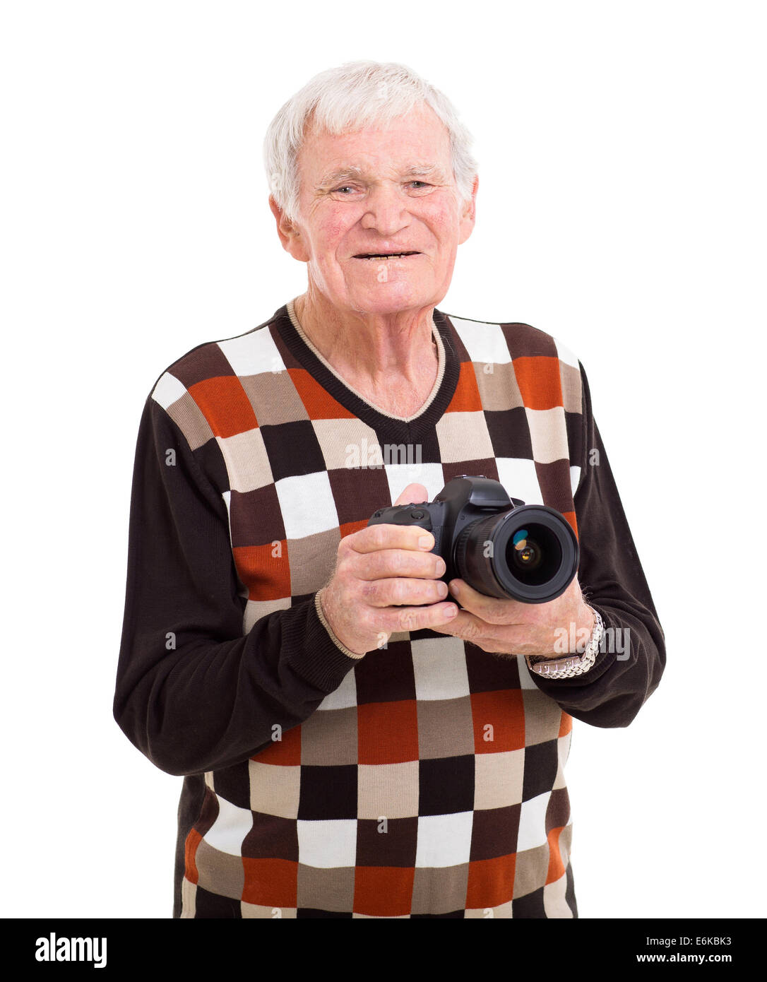 Ritratto di felice senior uomo con una telecamera Foto Stock