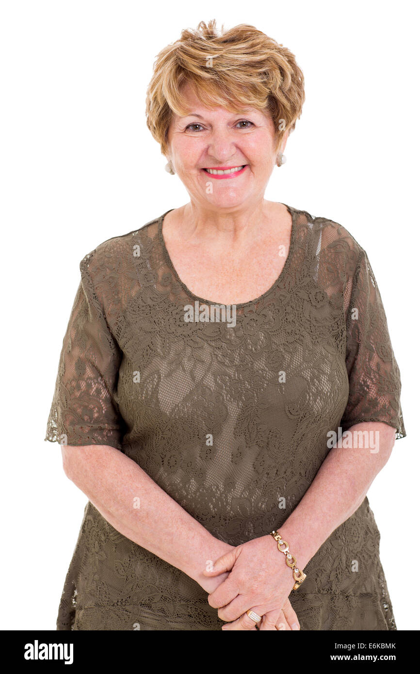 Ritratto di felice donna anziana su sfondo bianco Foto Stock