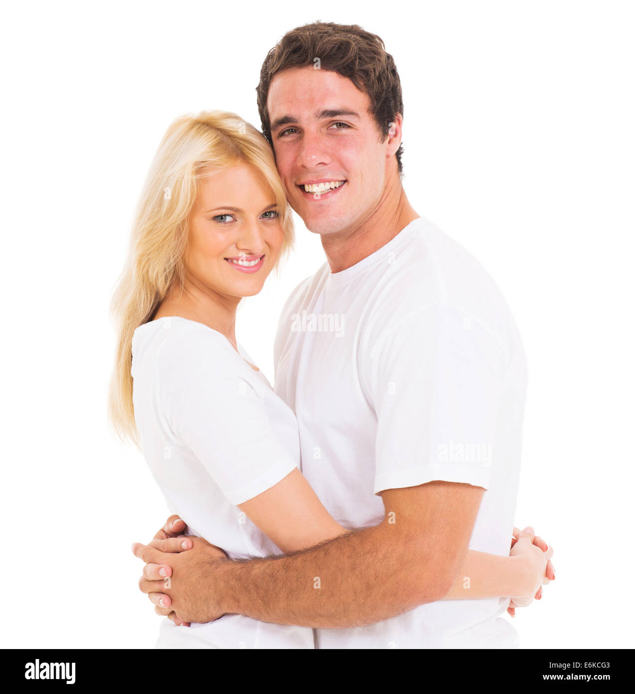 Ritratto di coppia felice costeggiata su sfondo bianco Foto Stock