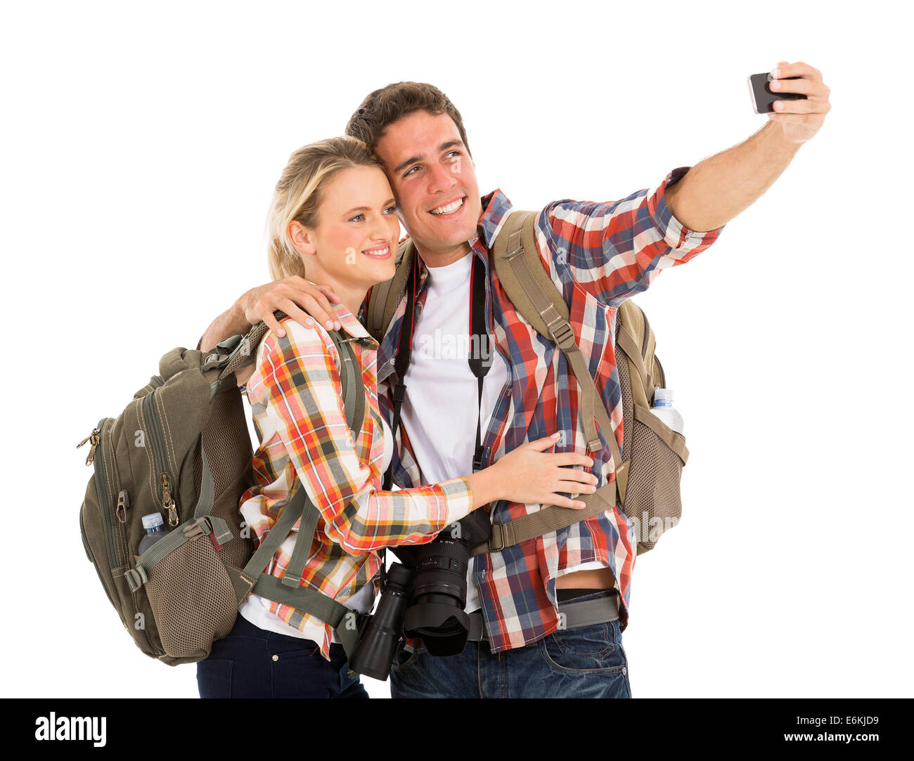 Allegro giovane turista tenendo selfie con smart phone Foto Stock