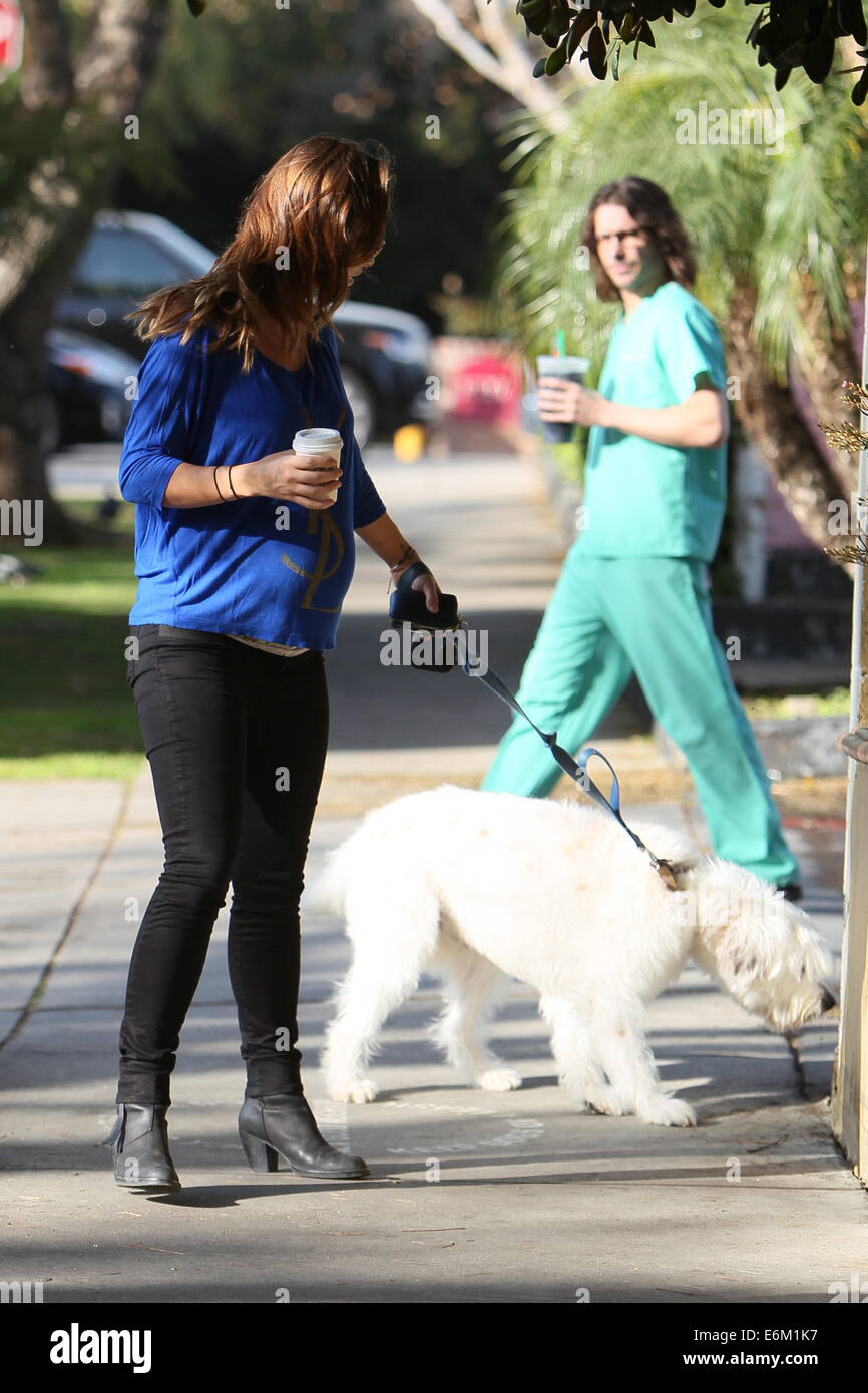 Olivia Wilde preleva il suo cane Paco formano un veterinari in West Hollywood dopo il prelievo di un caffè da Starbucks. Appena prima di lei ottiene alla sua auto un uomo presenta la sua con un premio per i mondi più grande superstar. Dotato di: Olivia Wilde dove: Los Angeles, Califor Foto Stock