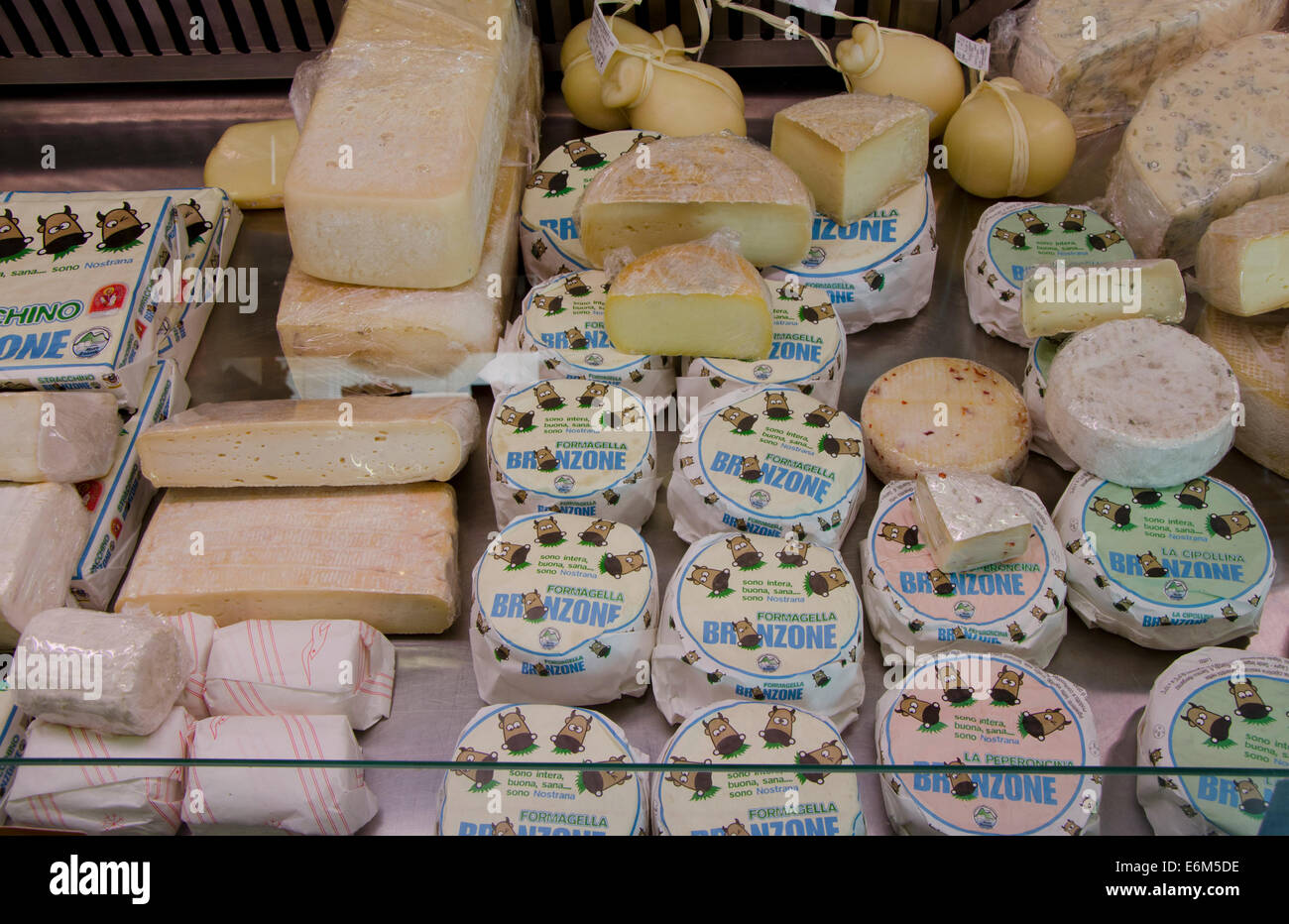 Formaggio italiano prodotti sul display nel negozio specializzato. Lombardia, Bergamo. Italia Foto Stock
