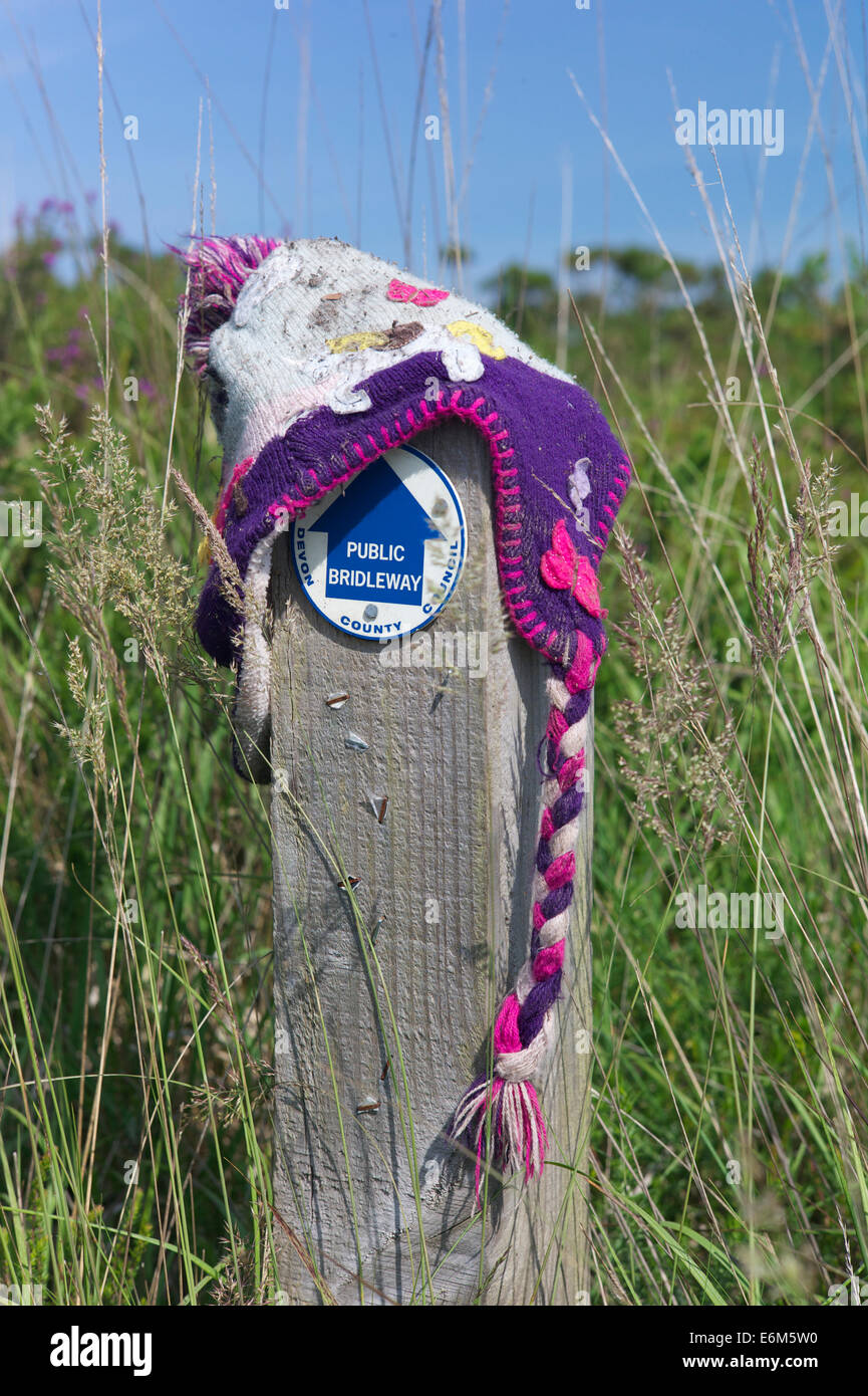 Stile peruviano beanie hat sinistra sul cartello, East Devon, Regno Unito Foto Stock