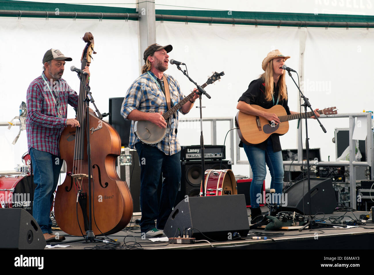 Un acoustic band suonare sul palco a real ale tenda alla vittoriosa festival 2014 southsea England Regno Unito Foto Stock