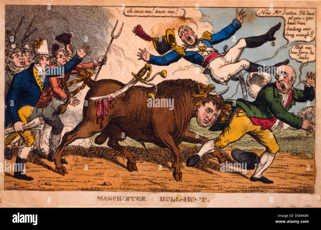 Manchester bull hunt - Sommario: Cartoon mostra un toro, con la testa di John Bull, lanciando un membro del Manchester Yeomanry e attaccando un magistrato. Dietro il bull è un gruppo di riformatori di piombo in Henry Hunt in possesso di una carta "inscritto Coroner's inchiesta.' Cartoon politico, circa 1819 Foto Stock