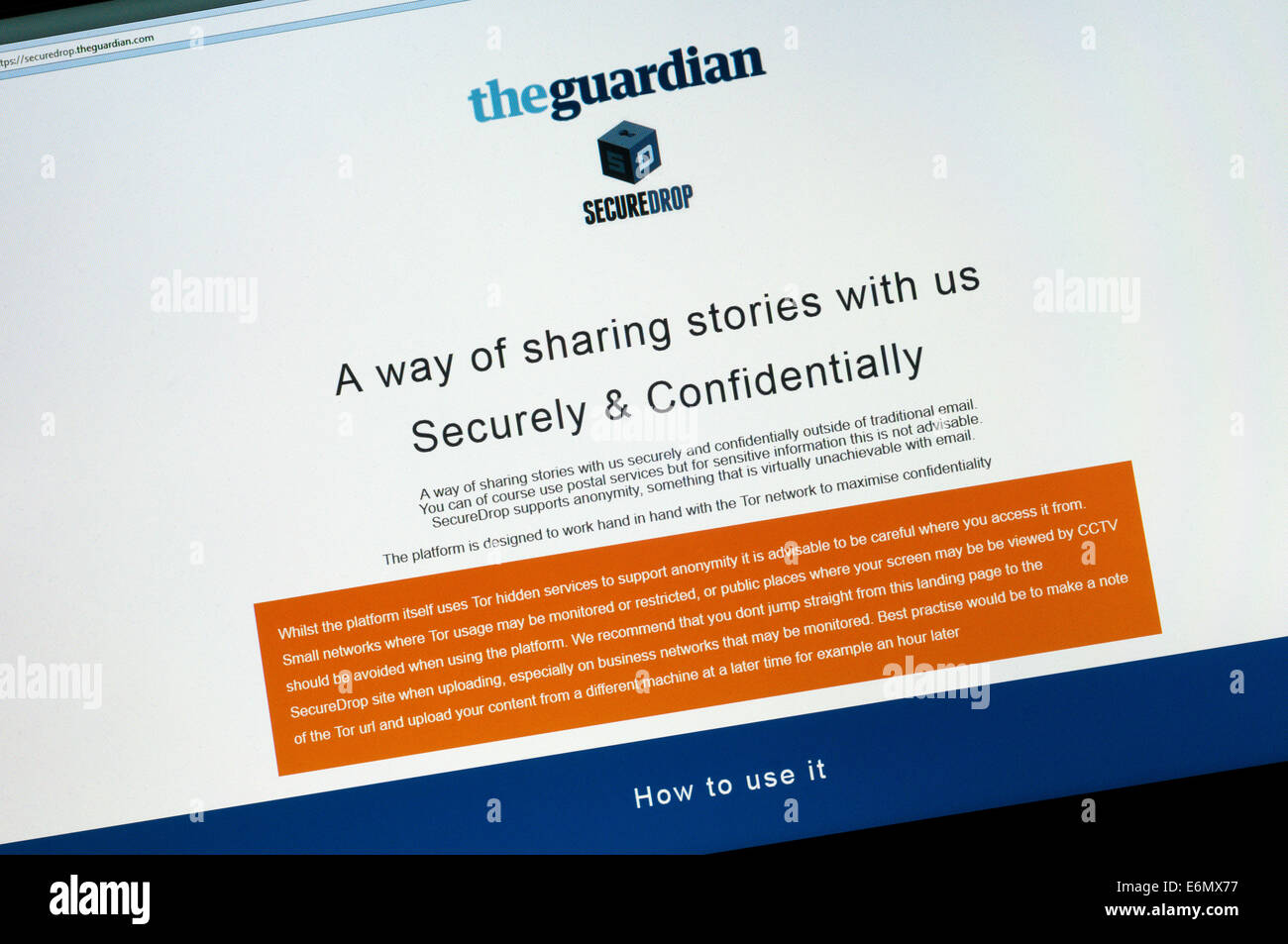 Il Guardian Securedrop sito web consente agli utenti di inviare le informazioni per la carta in modo confidenziale. Foto Stock