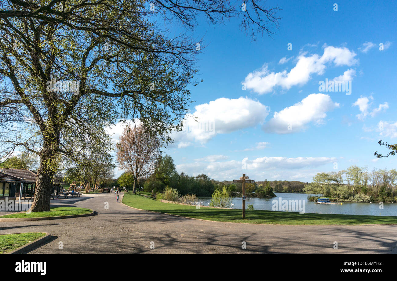Un lago e di un parco giochi per bambini Servizi a Ferry Meadows Country Park (nel Nene Park), Peterborough, Cambridgeshire, Inghilterra, Regno Unito. Foto Stock