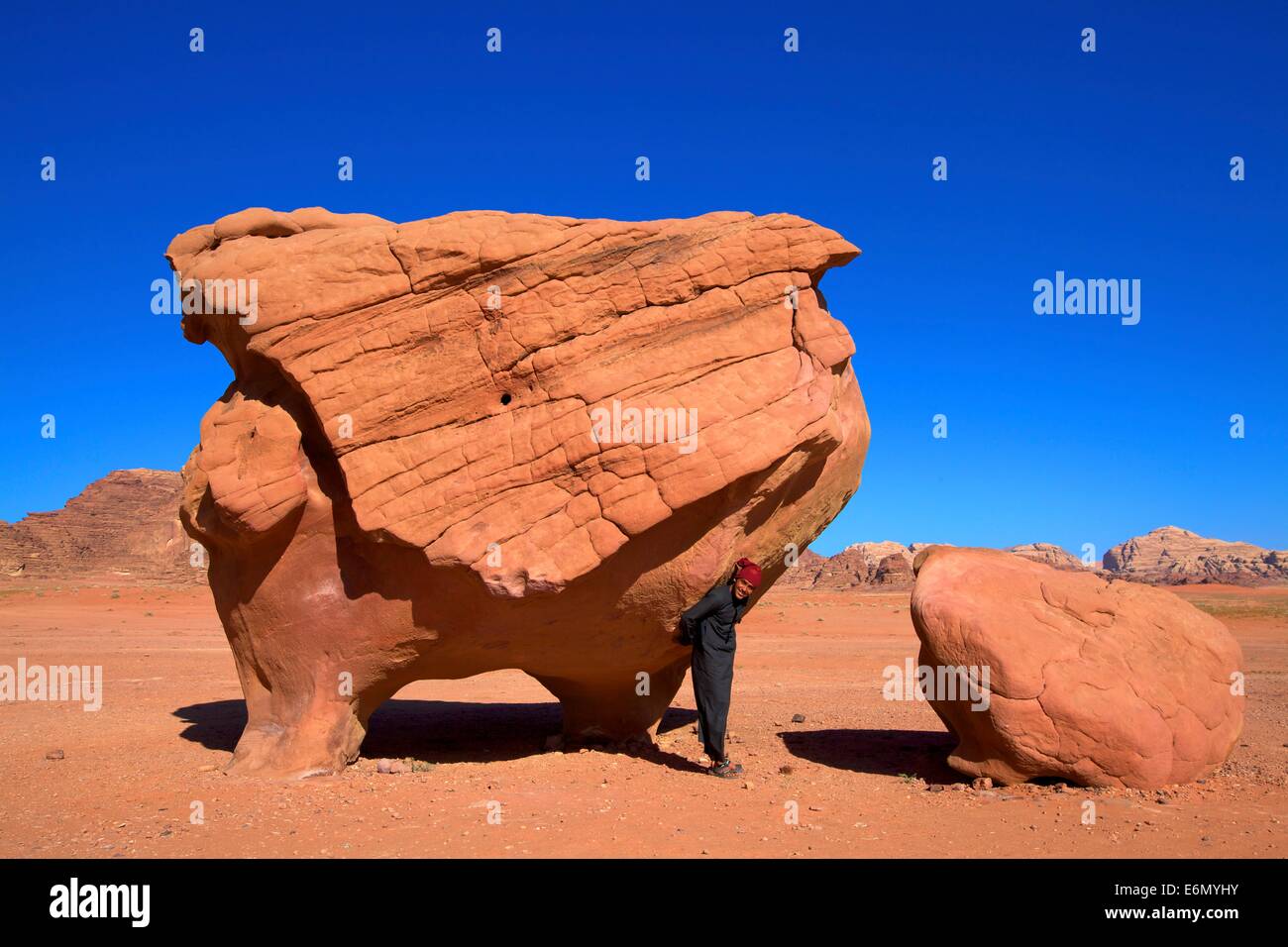 Rock conformata come un maiale volare, Wadi Rum, Giordania, Medio Oriente Foto Stock