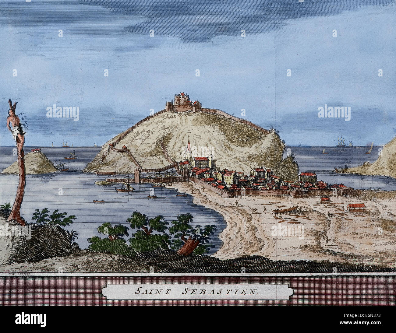 Spagna. San Sebastian o Donostia. Santa Clara isola. Mappa. Fine del XVI secolo - XVII secolo. Incisione. Colorati. Foto Stock