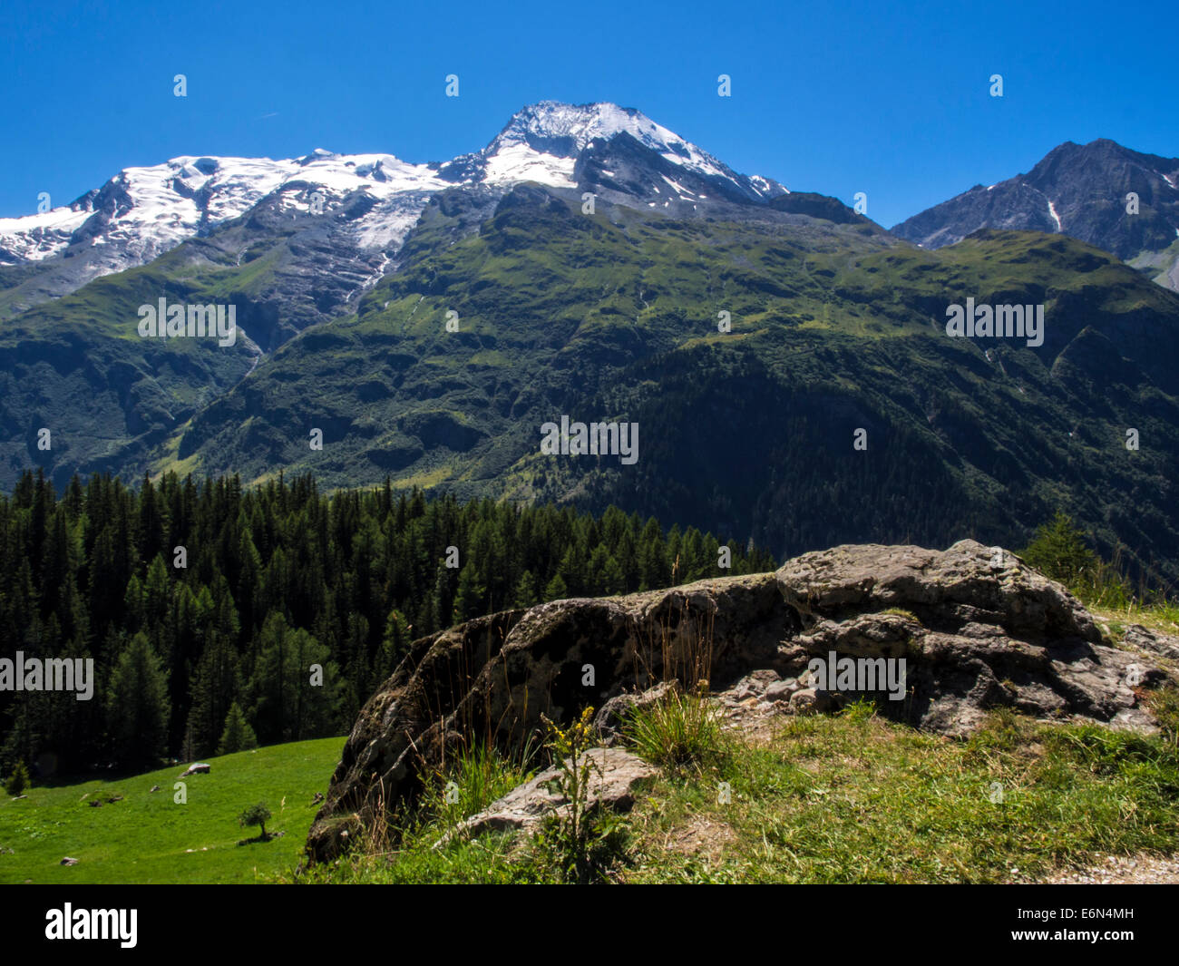 Mont Pourri (3,779 metri o 12,398 ft) da vicino la frazione Le Monal nelle Alpi, Savoie, Francia Foto Stock
