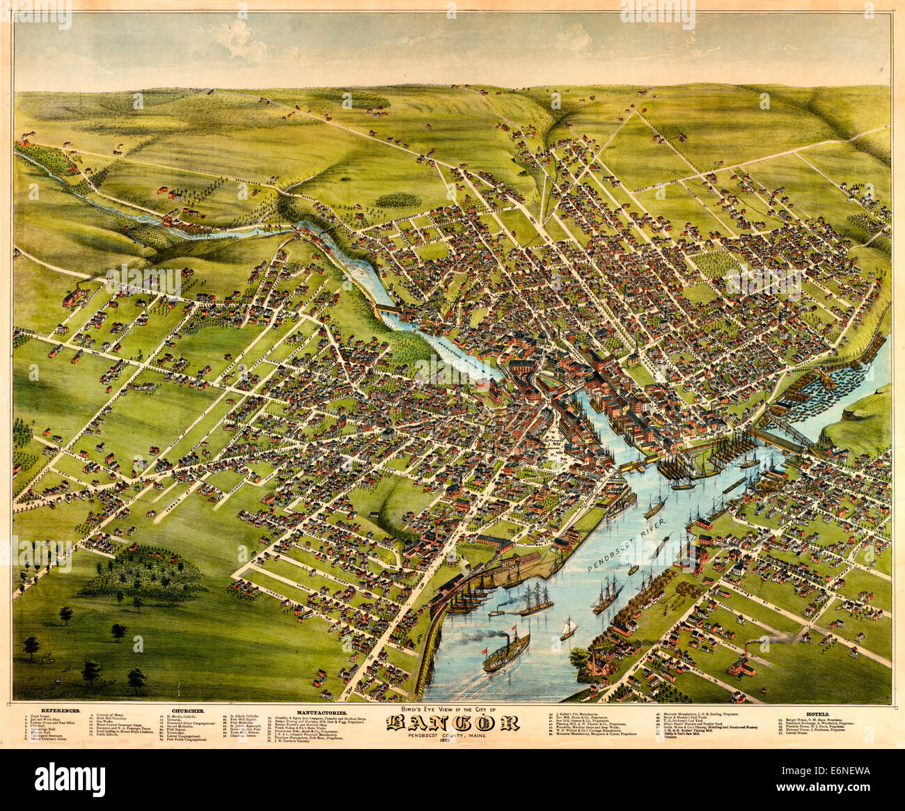Vista panoramica della città di Bangor, Penobscot County, Maine, 1875 Foto Stock