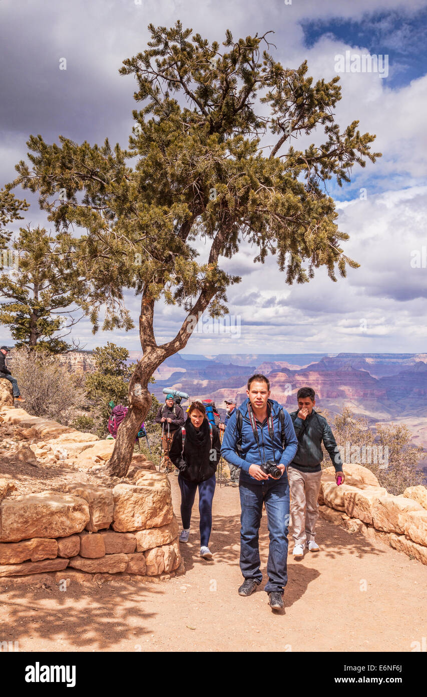 Turisti che lasciano il Bright Angel Trail, Grand Canyon, Arizona, Stati Uniti. Foto Stock