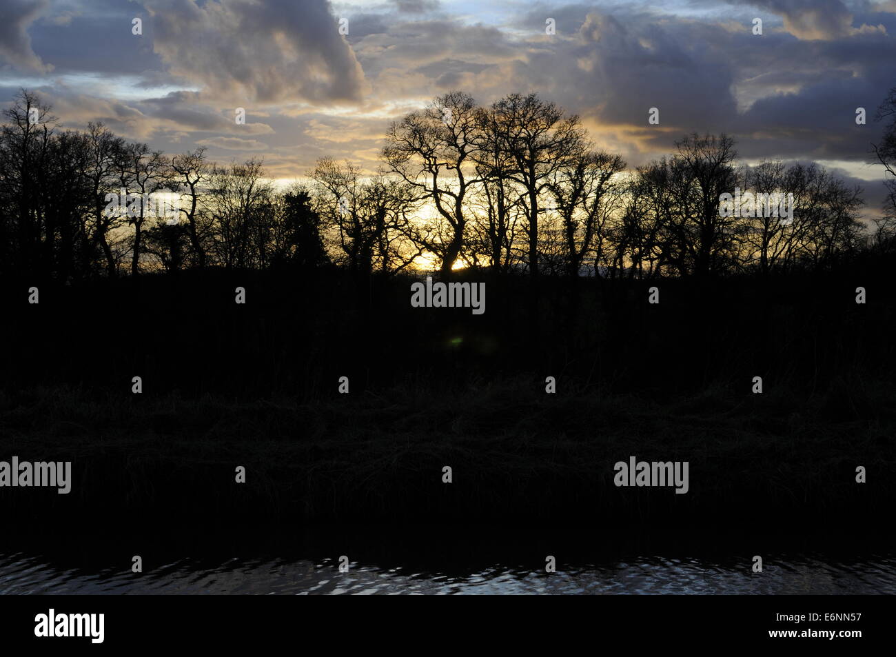 Nuvoloso Tramonto dietro gli alberi al di sopra del Shropshire Union Canal a Nantwich, Cheshire Foto Stock