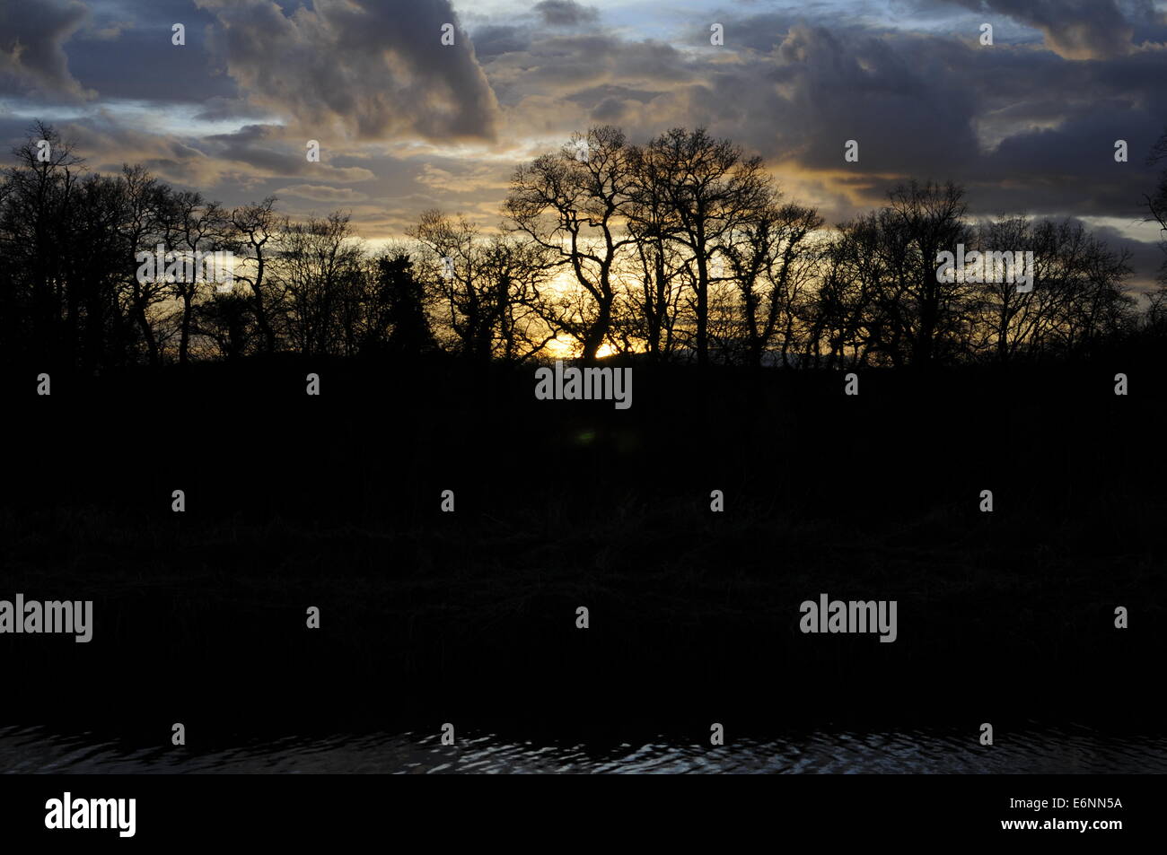 Nuvoloso Tramonto dietro gli alberi al di sopra del Shropshire Union Canal a Nantwich, Cheshire Foto Stock