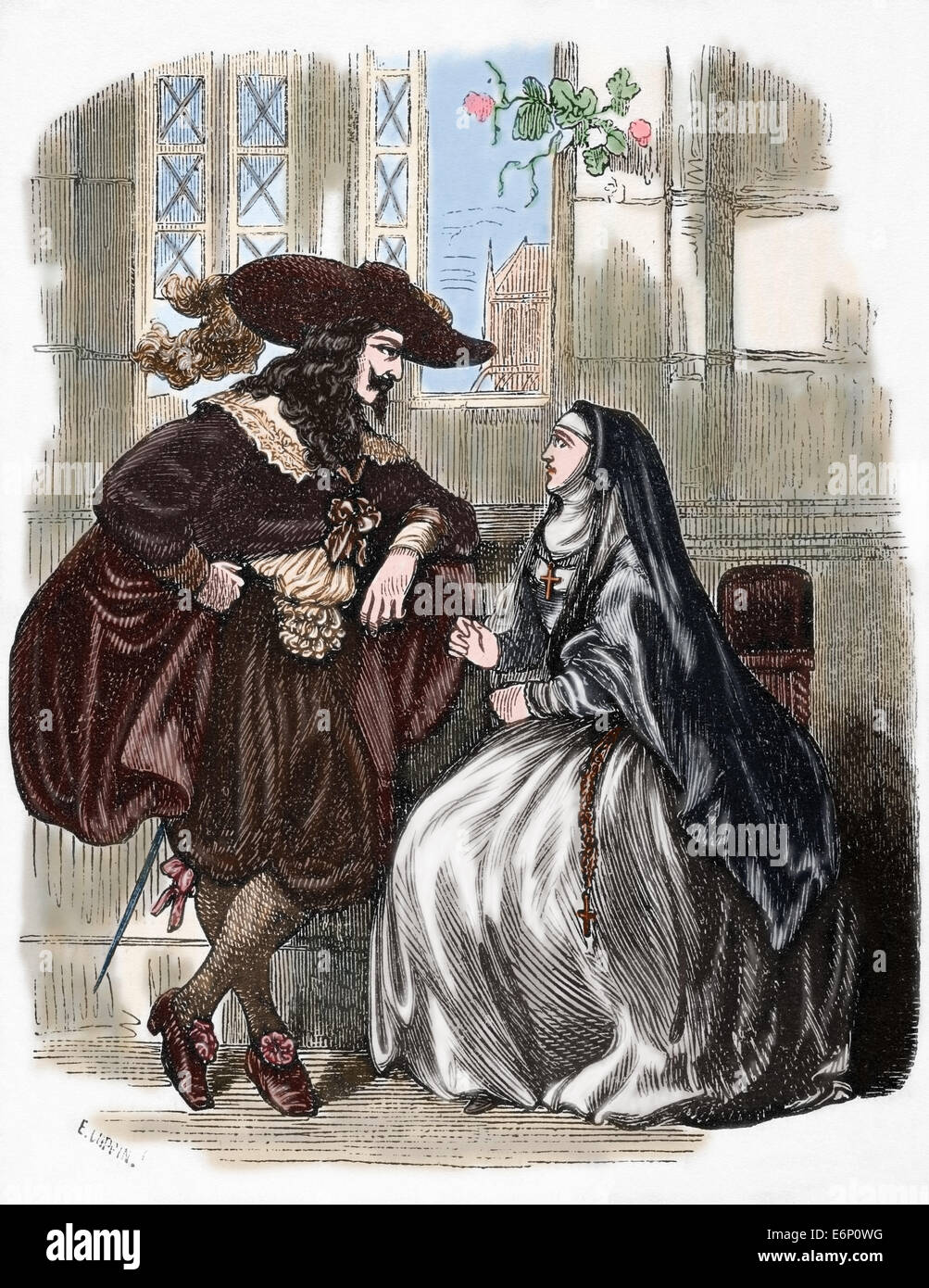 Louis XIII (1601 - 1643) in visita nel convento della Visitazione di Luise de La Fayette (1616-1655). Incisione. Colorati. Foto Stock