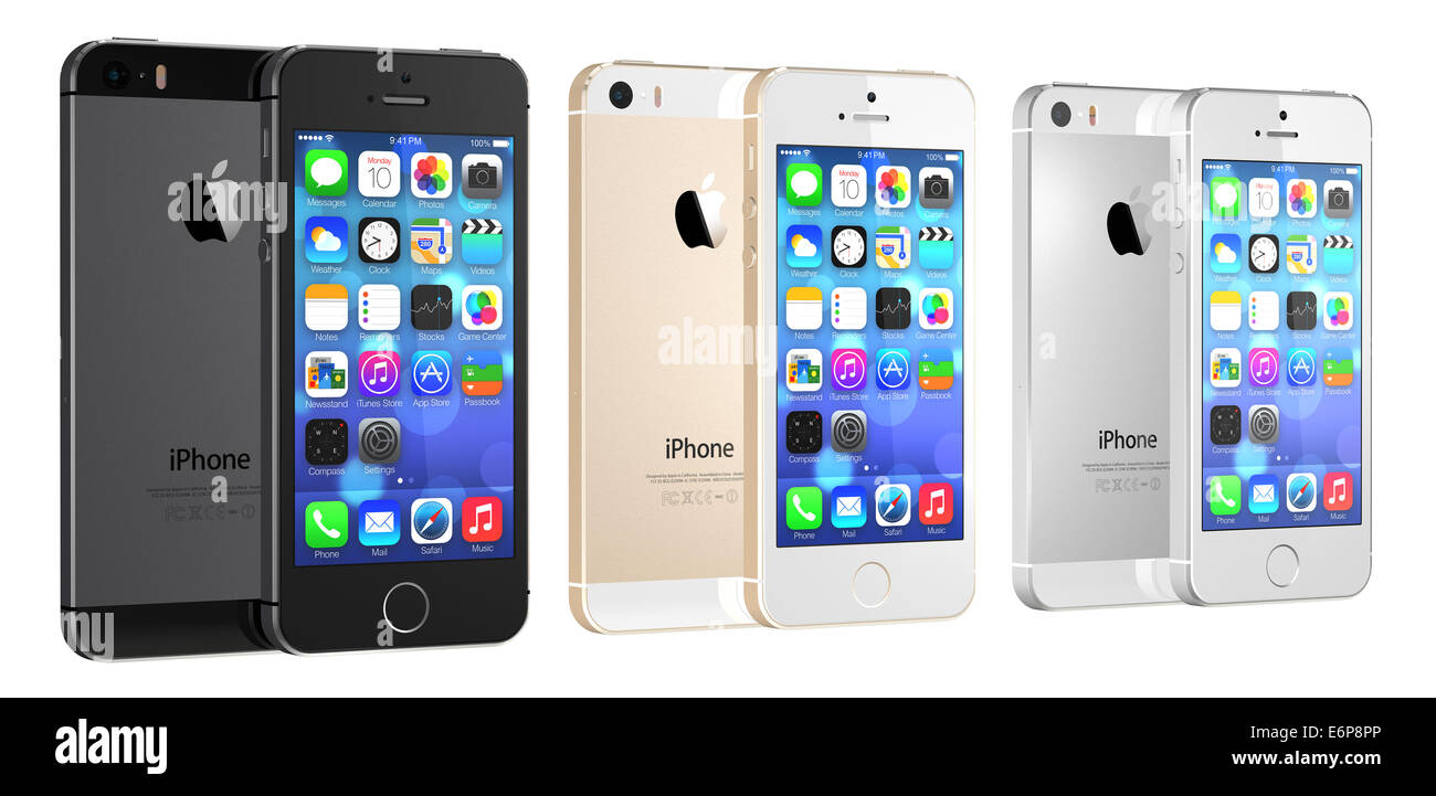 Spazio grigio, argento, oro iPhone 5s che mostra la schermata iniziale con iOS7. Foto Stock