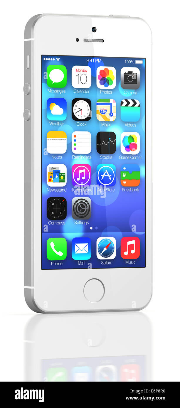 Argento iPhone 5s che mostra la schermata iniziale con iOS7. Foto Stock