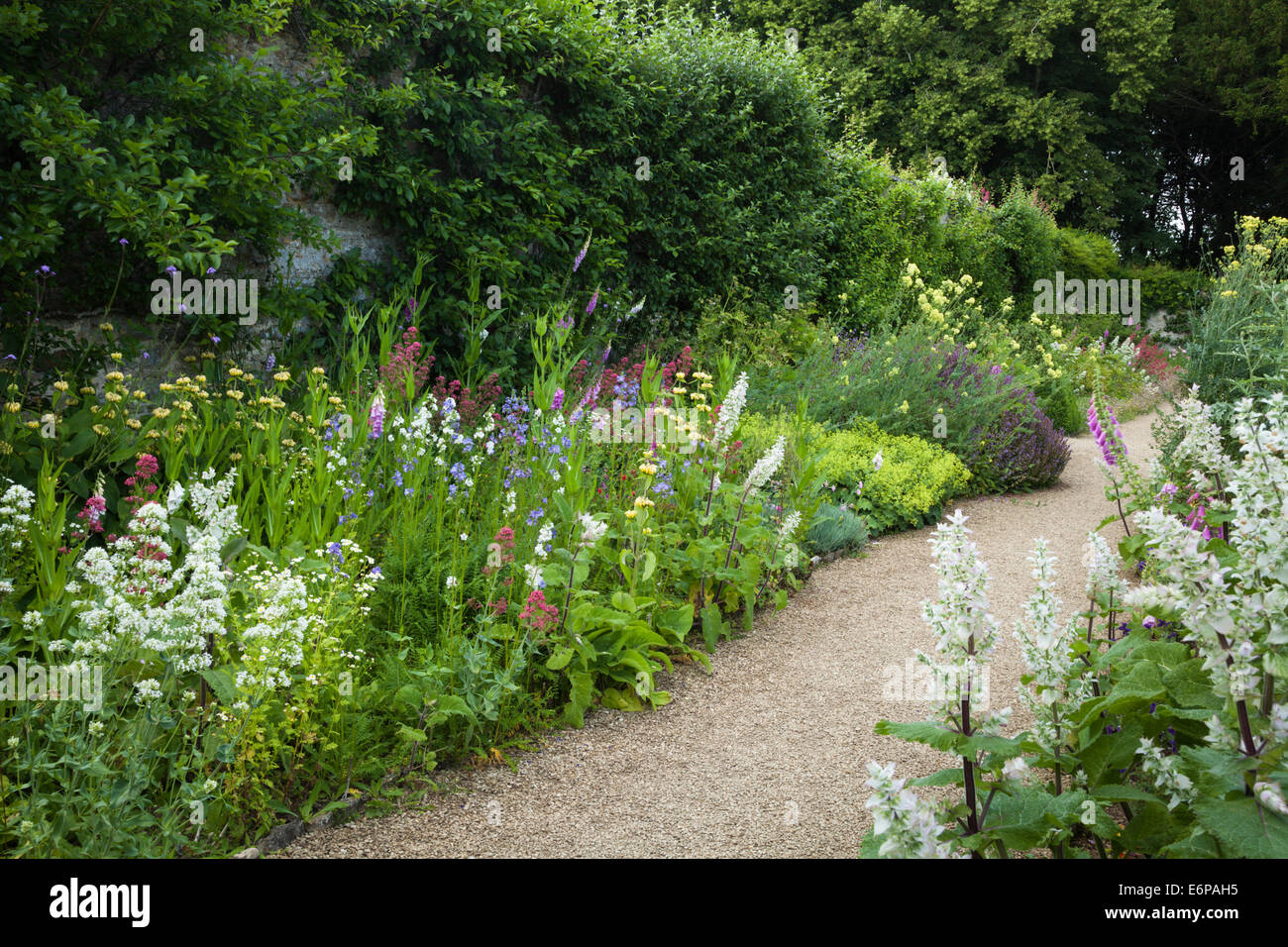 Lungo e colorato confini floreali per attirare l'impollinazione di api, farfalle e insetti all'interno dell'orto di Rousham House, Oxfordshire, Inghilterra Foto Stock